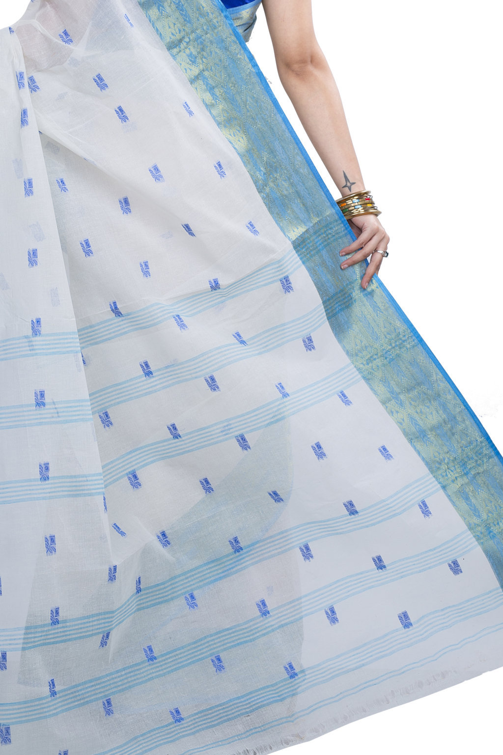 White Sky Pure Cotton SqureButi Tant Saree (795)